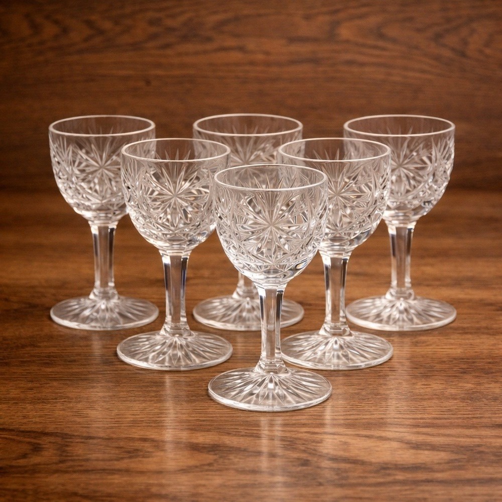Set of 6 Cut Glass Goblets Starburst Etched Stemware Vintage‎ Style Clear 4.5"
